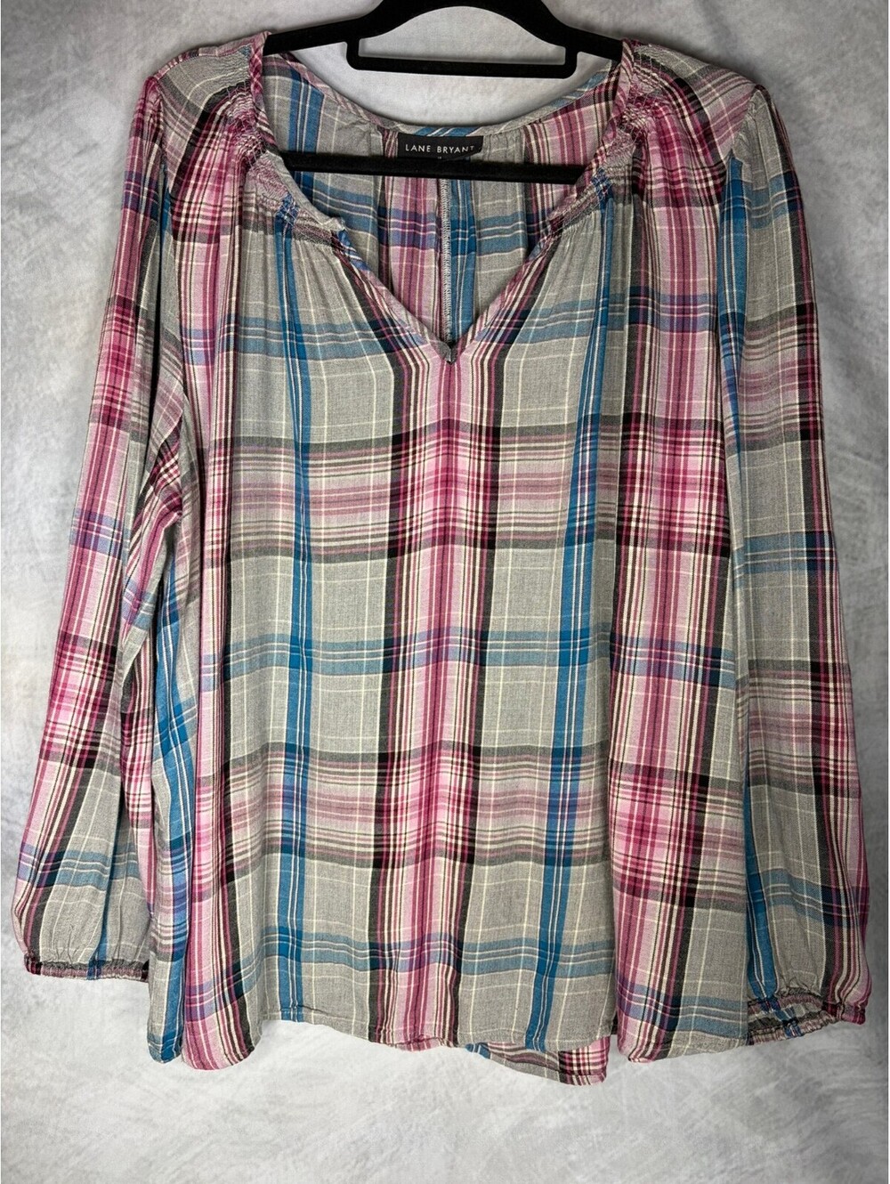 Lane Bryant Women's Size 18 Plaid Peasant Blouse Pink Gray Blue Long Sleeve